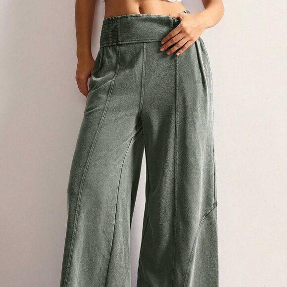 Army Green Casual Women's Loose Wide Leg Smocked Waist Pants - Picture 8 of 9